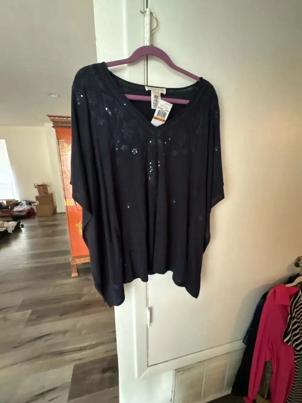 Michael Kors New Navy Embroidered Sequin V-Neck Linen Blend Caftan Top
